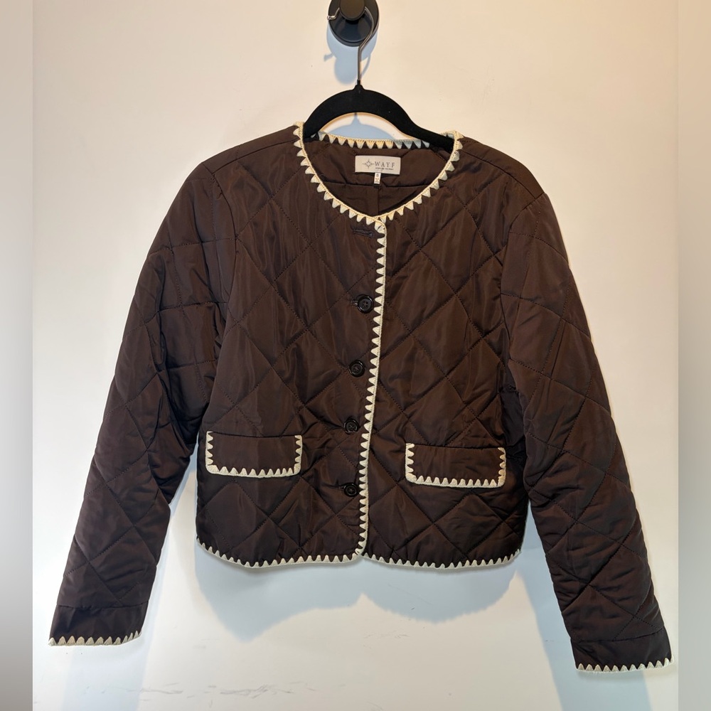 Wayf Quilted Brown Puffer Jacket with Cream Trim